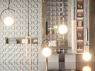 Modern Pendant Lights With Circular Design Illuminating Textured Wall And Decor Shelves 3d model