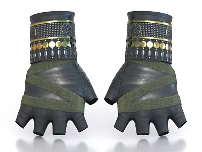 Traditional Ornate Black Leather Gloves With Gold Decorations And Green Straps 3d model