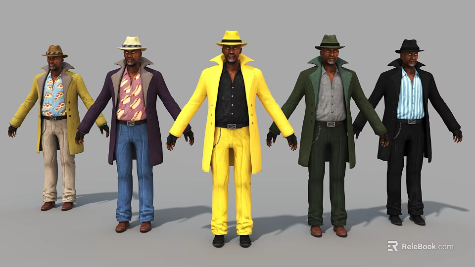 Game Movie Male Characters With Different Outfits And Hats Standing Side by Side 3d model 