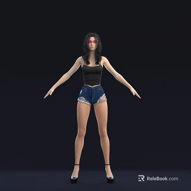 Woman In Black Tank Top Distressed Denim Shorts With Pink Sunglasses Arms Outstretched Dark Background 3d model 
