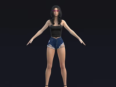 Woman In Black Tank Top Distressed Denim Shorts With Pink Sunglasses Arms Outstretched Dark Background 3d model