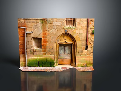 Ancient Arched Entry Gate With Brick Stone Wall And Green Moss Wooden Door 3d model
