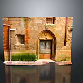 Ancient Arched Entry Gate With Brick Stone Wall And Green Moss Wooden Door