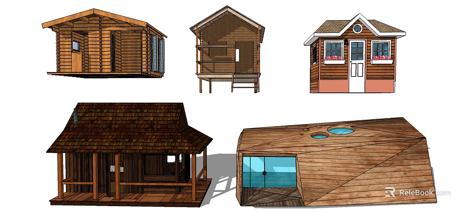 Various Wooden House Designs Featuring Different Roofs Balconies And Windows 3d model