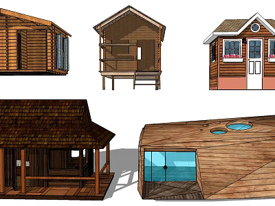 Various Wooden House Designs Featuring Different Roofs Balconies And Windows 3d model