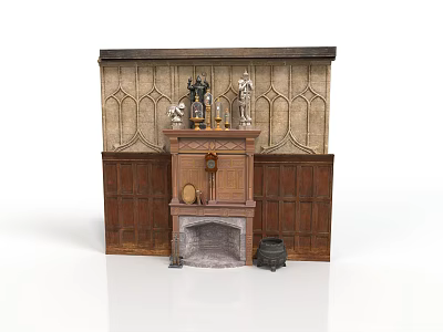 Classic Vintage Fireplace Interior With Wooden Mantel Carved Paneling And Decorations 3d model