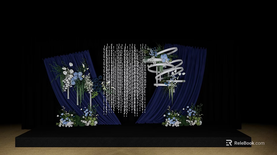 Banquet Hall Decorated With Navy Blue Curtains Crystal Drapes And Floral Arrangements 3d model 