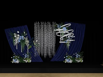 Banquet Hall Decorated With Navy Blue Curtains Crystal Drapes And Floral Arrangements 3d model