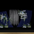 Banquet Hall Decorated With Navy Blue Curtains Crystal Drapes And Floral Arrangements