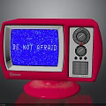 Vintage Red Chesstar Electronic Appliance With Screen Displaying BE NOT AFRAID Knobs And Stand