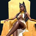 Egyptian Cat Eared Character On Golden Throne With White Gold Outfit And Patterned Base Decorations