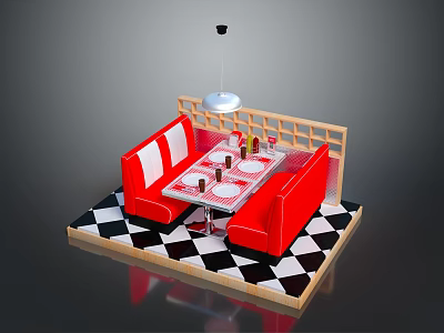 Red Booth Sofas Square Dining Table Black White Checkered Floor Wooden Screen Pendant Light Furniture 3d model