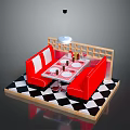 Red Booth Sofas Square Dining Table Black White Checkered Floor Wooden Screen Pendant Light Furniture