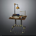Children's Wooden Desk With Metal Pipe Legs Lamp Books Pencil Case And Two Toy Cars