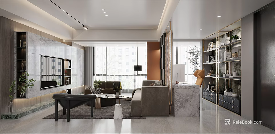 Modern Open Plan Living Room Interior With Grey Sofa Coffee Table And TV Wall 3d model