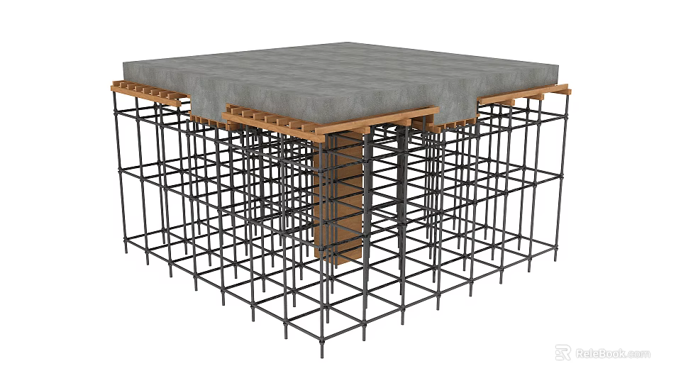Reinforced Concrete Foundation Structure With Rebar Grid And Wooden Support Beams 3d model 