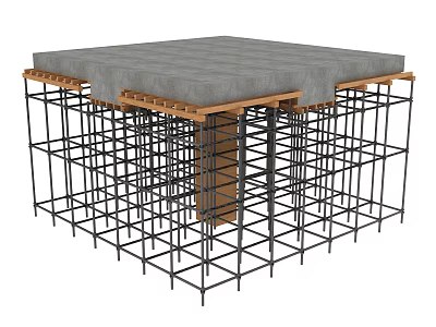 Reinforced Concrete Foundation Structure With Rebar Grid And Wooden Support Beams 3d model