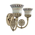 Vintage Brass Wall Sconce With Double Ceramic Shades And Decorative Patterns