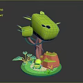 Cartoon Style 3D Plant Model with Green Bulbous Body Orange Trunk and Small Blue Leaves