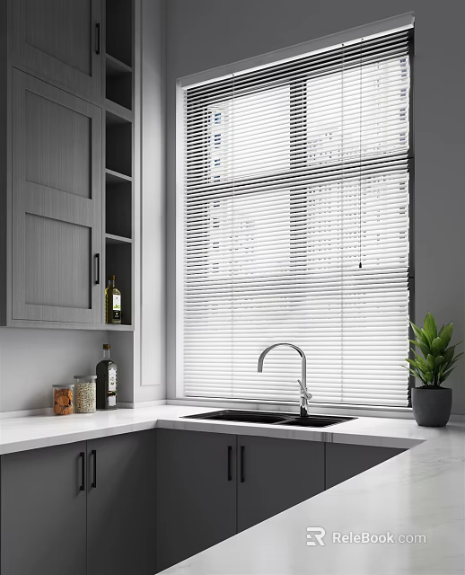 Stylish Kitchen Interior With Grey Cabinets Window Blinds Sink Spice Bottles And Green Plant 3d model 