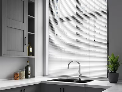 Stylish Kitchen Interior With Grey Cabinets Window Blinds Sink Spice Bottles And Green Plant 3d model