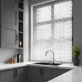 Stylish Kitchen Interior With Grey Cabinets Window Blinds Sink Spice Bottles And Green Plant