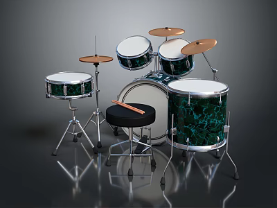 Professional Musical Instruments Green Patterned Drum Set With Cymbals Stool And Sticks 3d model