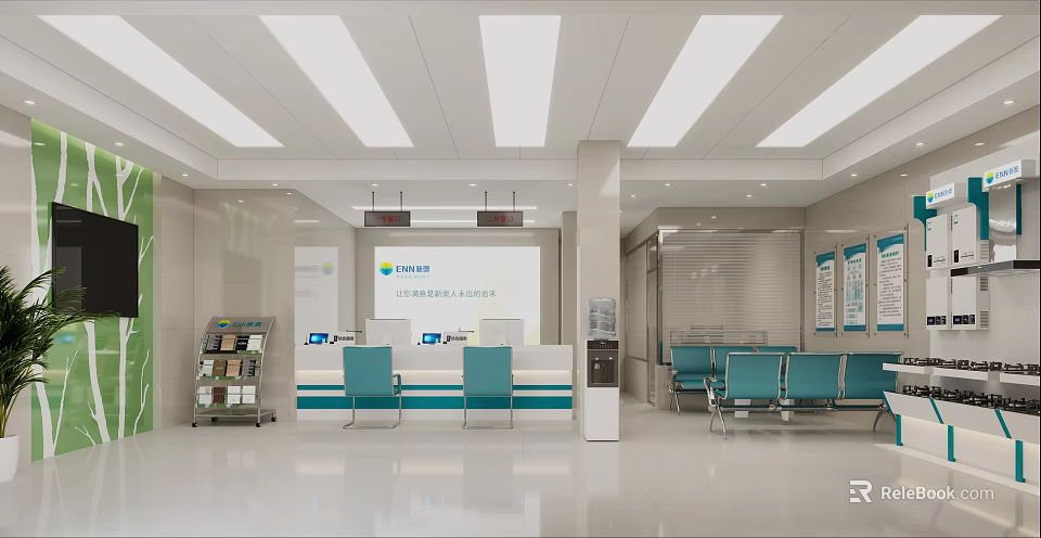Modern Service Hall Interior With Service Counter Seats And Information Boards 3d model 