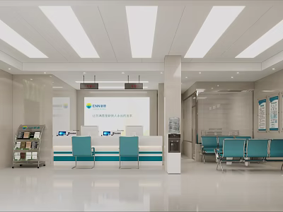 Modern Service Hall Interior With Service Counter Seats And Information Boards 3d model