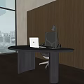 Modern Wooden Desk With Laptop Lamp And Ergonomic Chair By Large Window City View