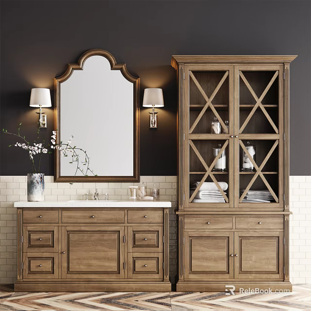 Wooden Bathroom Vanity with Arched Mirror Wall Lamps and Storage Cabinet 3d model 