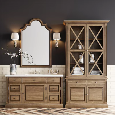Wooden Bathroom Vanity with Arched Mirror Wall Lamps and Storage Cabinet 3d model