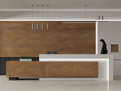 Modern Front Desk Reception with Brown White Counter RIVER LODGE Sign Staff and Hanging Lights 3d model