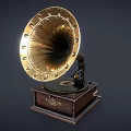 Classic Vintage Phonograph Featuring Golden Horn Wooden Base And Retro Decorative Design