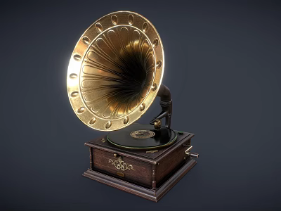 Classic Vintage Phonograph Featuring Golden Horn Wooden Base And Retro Decorative Design 3d model