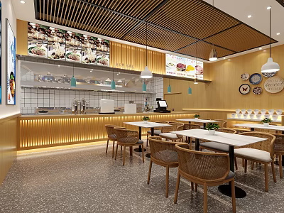 Modern Restaurant Interior With Wooden Decor Dining Tables Rattan Chairs And Hanging Lights 3d model
