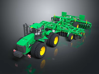 Green Agricultural Tractor With Attached Cultivator And Large Yellow Rim Wheels 3d model