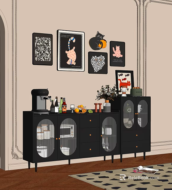 Stylish Functional Sideboard With Coffee Machine Wine Bottles Fruits Vase And Wall Art 3d model 