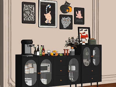 Stylish Functional Sideboard With Coffee Machine Wine Bottles Fruits Vase And Wall Art 3d model