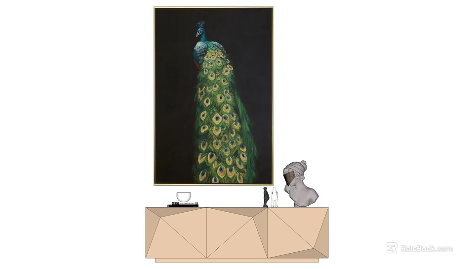 Vibrant Peacock Animal Painting With Colorful Feathers On Wall Above Wooden Cabinet And Dog Figurine 3d model 