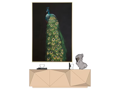 Vibrant Peacock Animal Painting With Colorful Feathers On Wall Above Wooden Cabinet And Dog Figurine 3d model