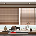 Bamboo And Wooden Blinds At Window With Decorative Ornaments On Windowsill And Mountain View