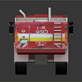 Red and white fire truck with water tank multiple wheels and white stripes