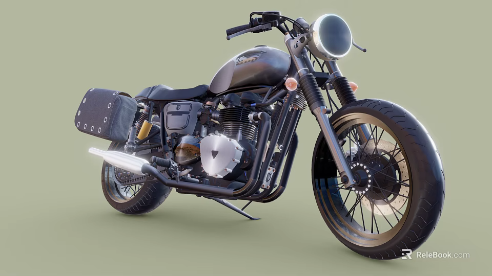 Vintage Black Motorcycle With Spoke Wheels Headlight Exposed Engine And Leather Saddlebag 3d model 