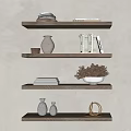 Decorative Ornament Combination With LED Lighting Vases Books And Potted Plant On Wooden Shelves
