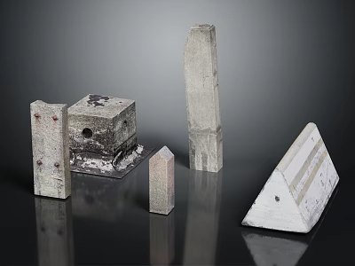 Diverse Shaped Construction Components With Metal Stone Material Textured Surfaces Holes On Black Reflective Surface 3d model