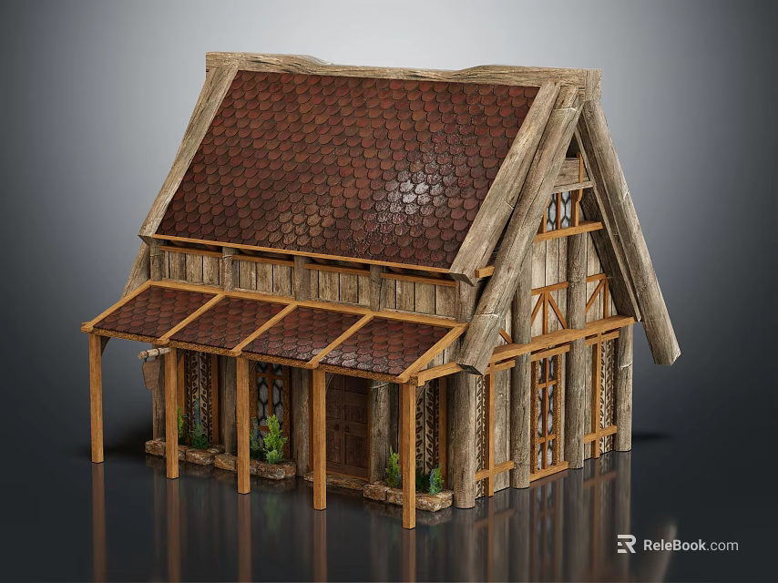 Cartoon Style Wooden Cottage With Tiled Roof And Wooden Awnings Windows And Potted Plants 3d model 