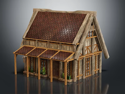 Cartoon Style Wooden Cottage With Tiled Roof And Wooden Awnings Windows And Potted Plants 3d model