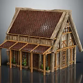 Cartoon Style Wooden Cottage With Tiled Roof And Wooden Awnings Windows And Potted Plants
