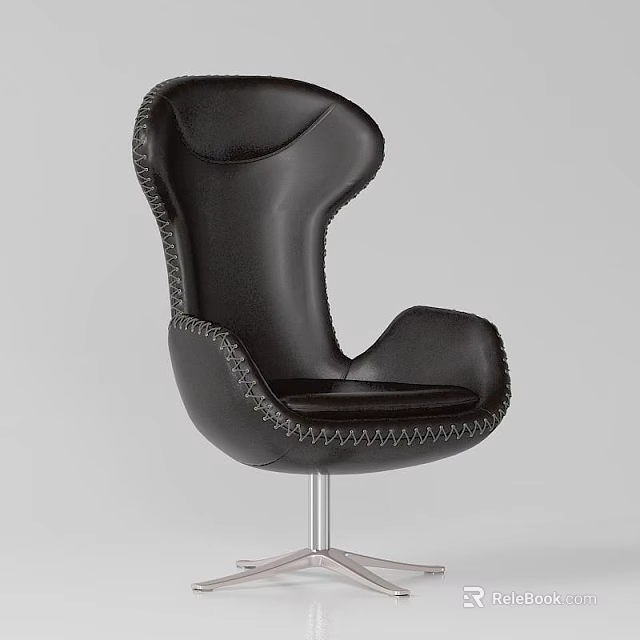 Modern Black Leather Leisure Chair With Stitched Edges And Metal Base 3d model 